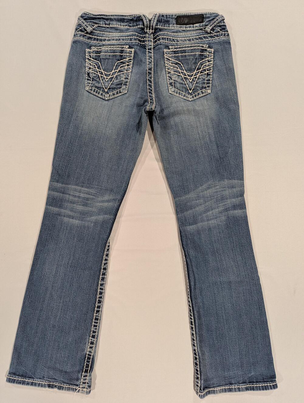 Vigoss Jeans Juniors 7 Blue Med Wash Low Rise Bootcut Stretch Embroidered Denim